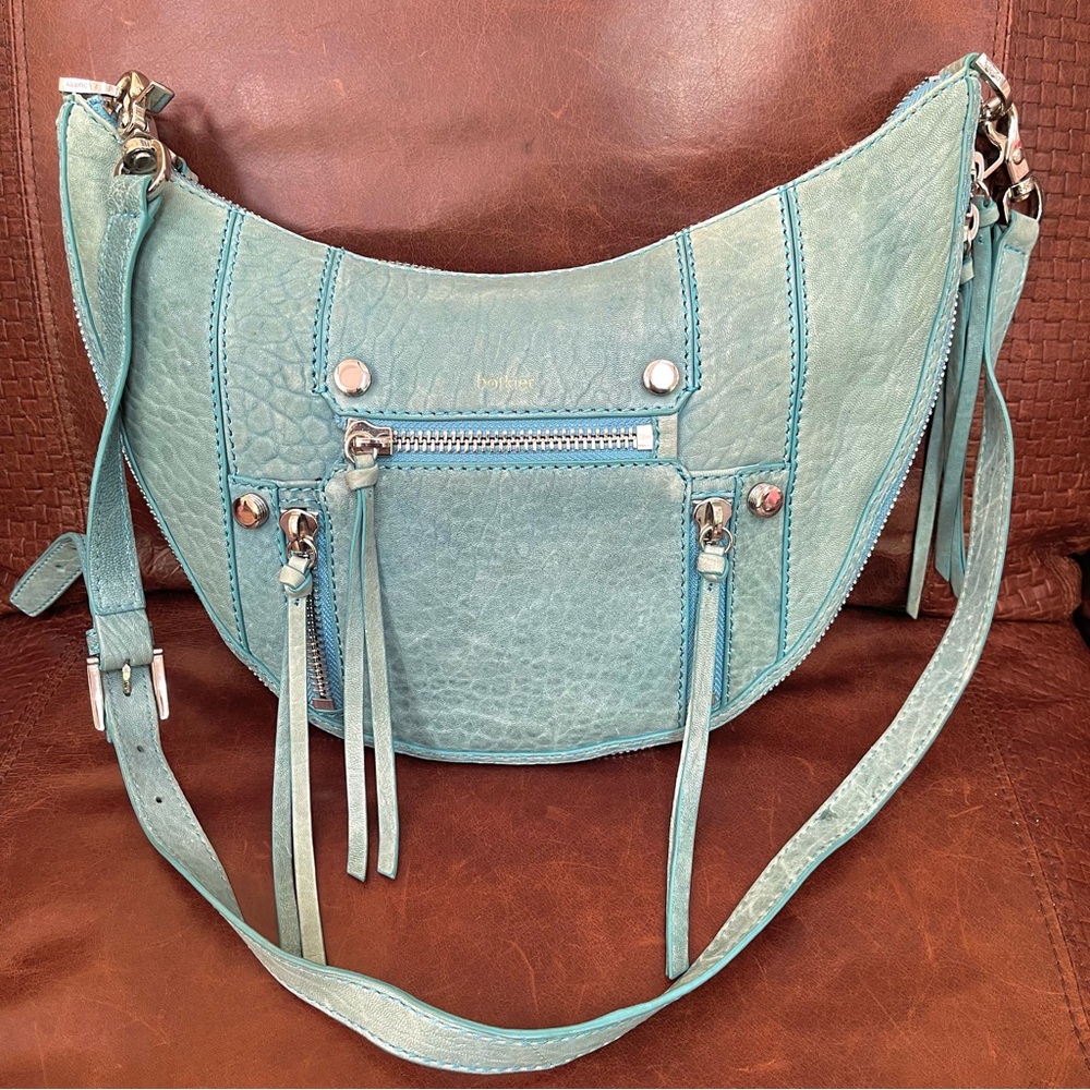 Botkier Croc Embossed Leather Crossbody Bag With Tassels In Light Blue Color - Picture 9 of 10
